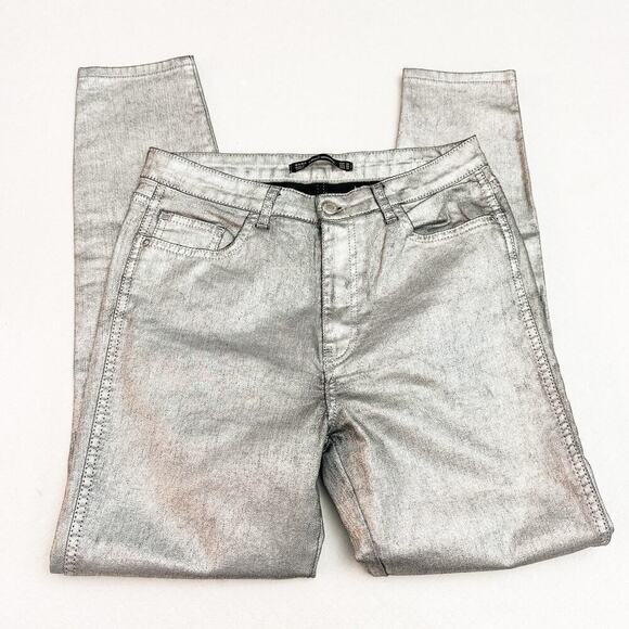 Zara Silver Metallic Gray Silver Denim Skinny Zip Up Jeans Size 8 - Picture 6 of 8